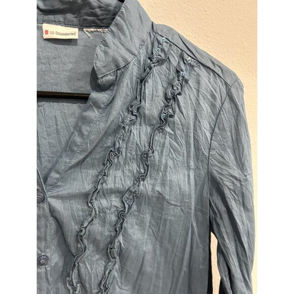 No Boundaries Button Front Ruffle Chambray Shirt Blue Embellished Career OffIce - Picture 4 of 9